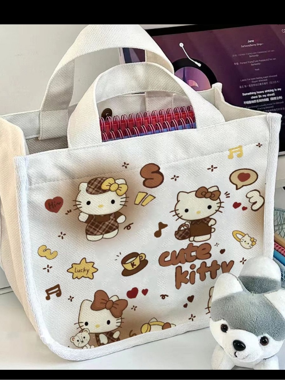 Cute Kitty Canvas Tote Bag - White with Brown Kitty Print